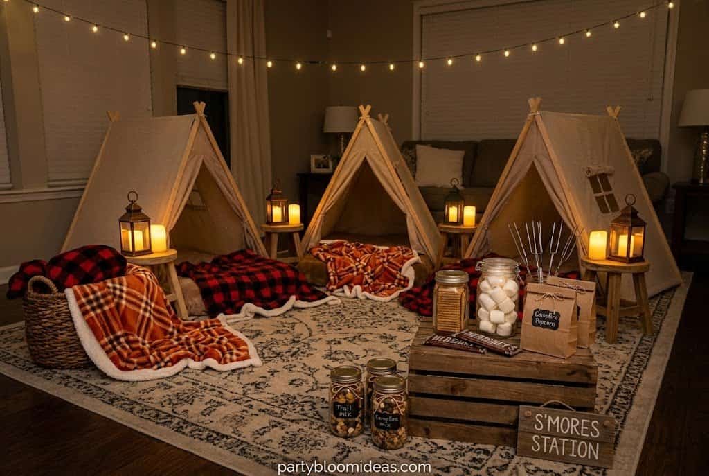 Indoor glamping birthday party with pop-up tents, lanterns, and warm fairy lights