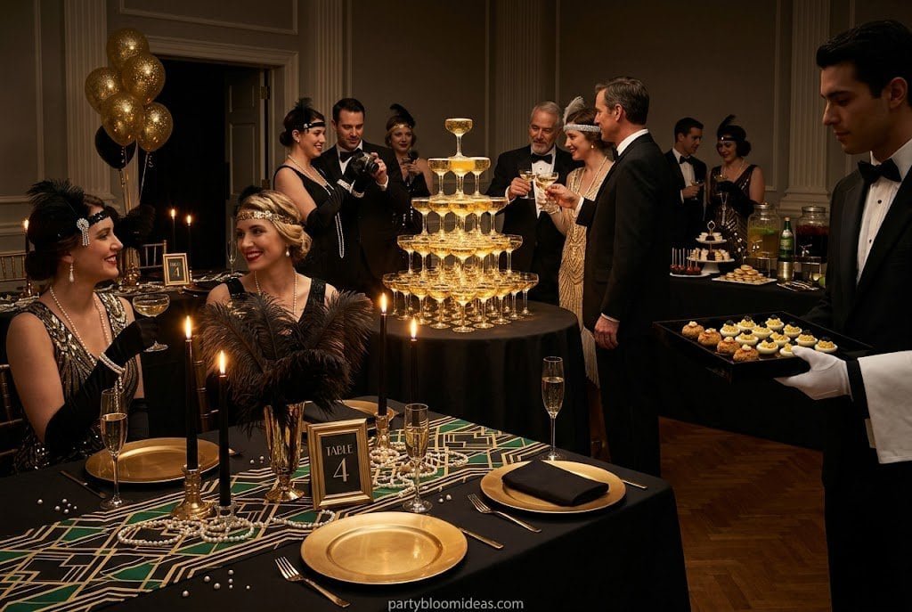 Luxurious Gatsby-inspired party setup with black and gold decor, champagne tower, feather centerpieces, pearls, and candlelit tables.