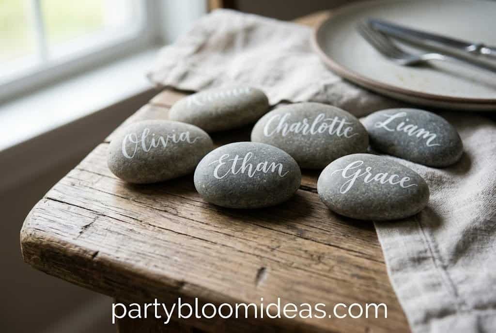 Personalized river rock place cards with names painted in white for a Thanksgiving table