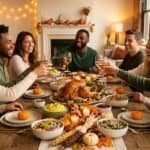 Group of friends enjoying a festive Thanksgiving dinner with decorated table and autumn-themed decor.