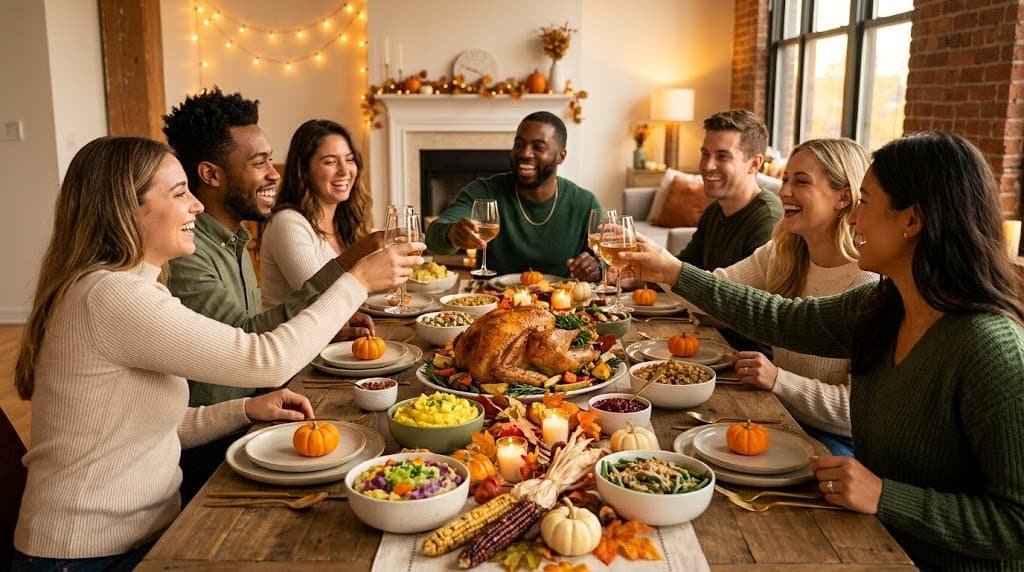 Group of friends enjoying a festive Thanksgiving dinner with decorated table and autumn-themed decor.