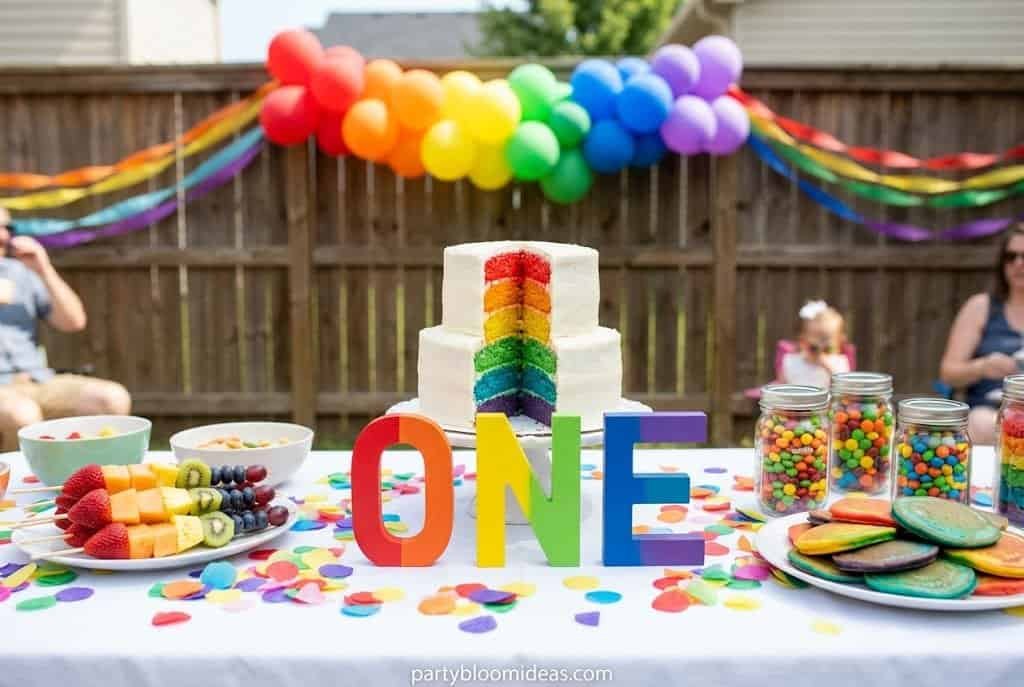 Rainbow birthday cake with rainbow-colored layers and "ONE" letters.