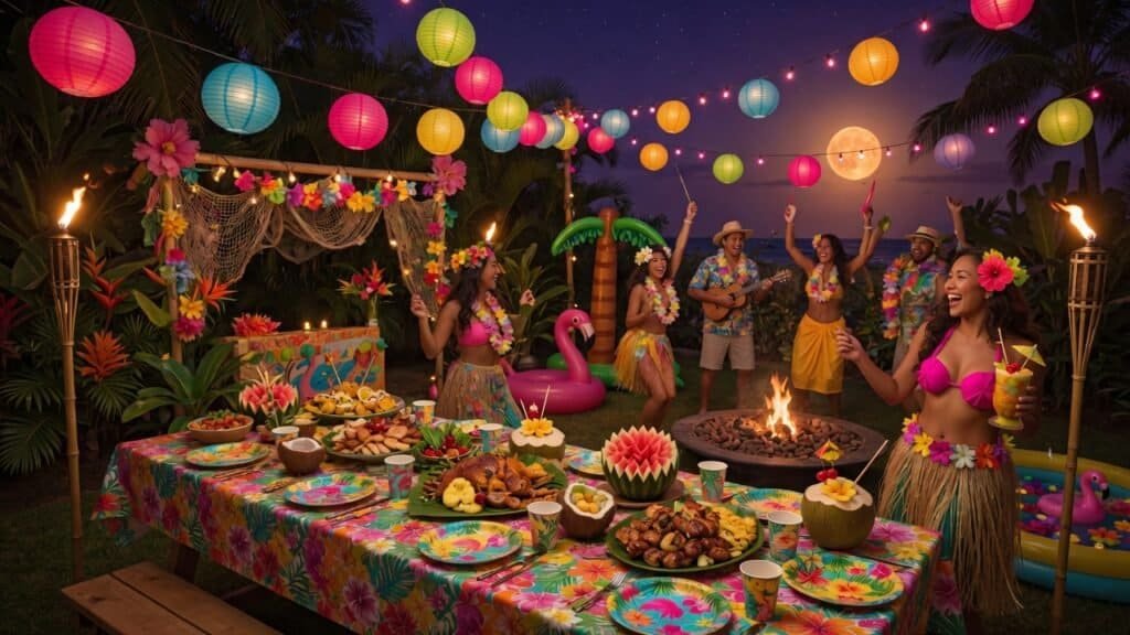 Vibrant tropical luau scene with colorful lanterns, hula dancers, and festive food table at sunset.