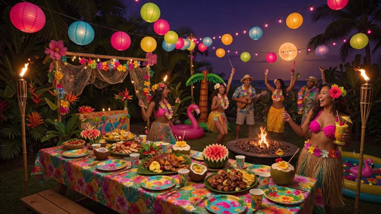 Vibrant tropical luau scene with colorful lanterns, hula dancers, and festive food table at sunset.