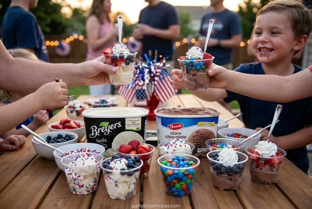 Kids enjoying ice cream sundaes with colorful toppings at a festive party