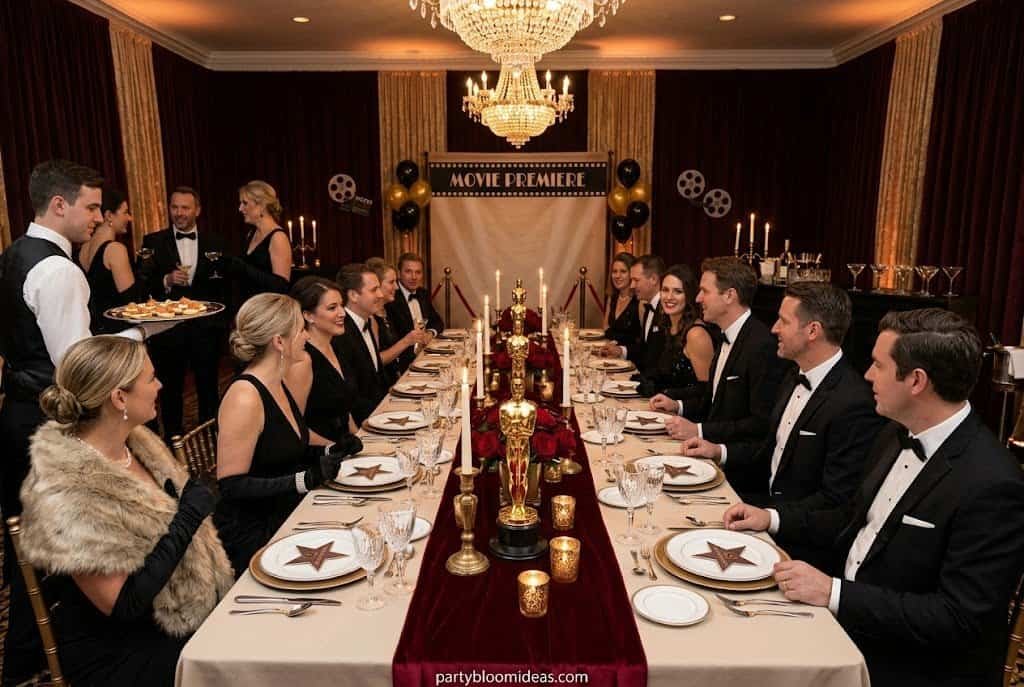 Old Hollywood glamour party with velvet runners, black and gold decor, red carpet backdrop, candles, and elegant award-show styling.