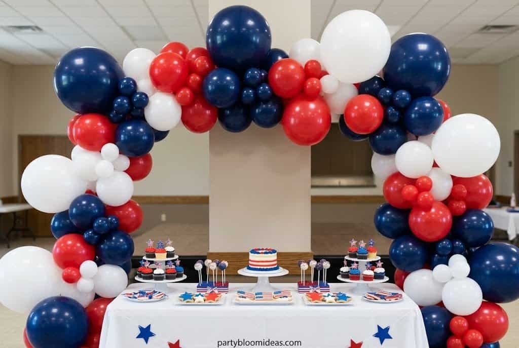 Balloon arch with red, white, and blue balloons for a patriotic celebration