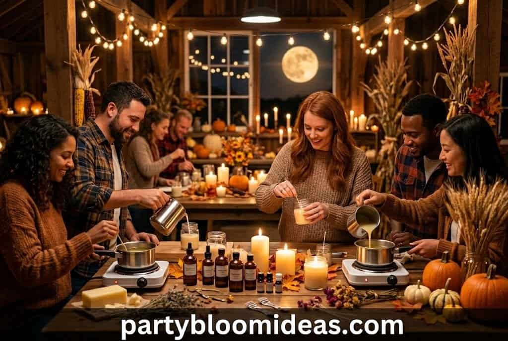 Fall candle-making party with soy wax, mason jars, dried flowers, cinnamon sticks, and cozy autumn aesthetic. Fall Party Ideas