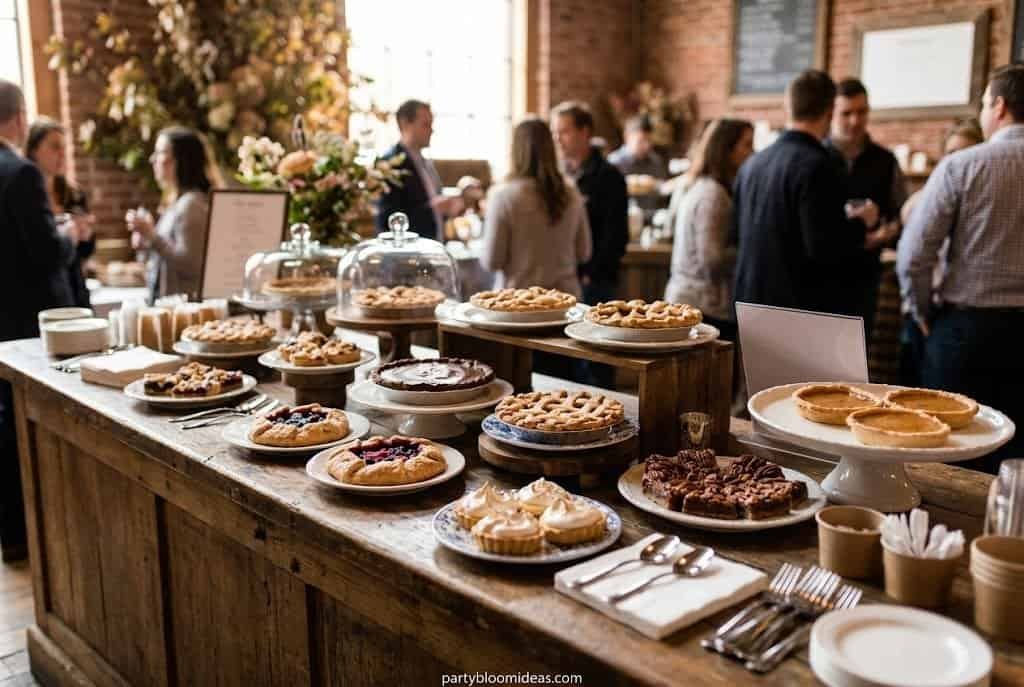 Friendsgiving pie tasting dessert bar with pumpkin pie, apple pie, whipped cream, and mini dessert plates Friendsgiving Dinner Party Ideas