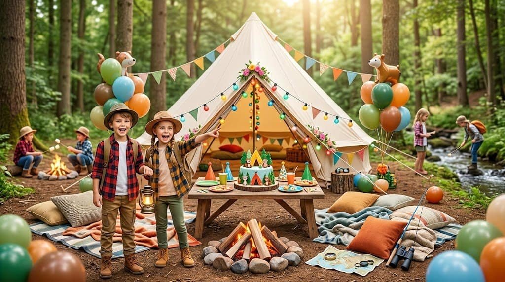 Colorful outdoor camping party scene with children, tents, balloons, and festive decorations in a fo.