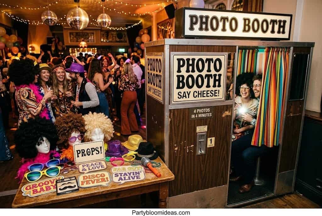 Disco-themed photo booth with gold backdrop, afro wigs, oversized sunglasses, and 70s props.