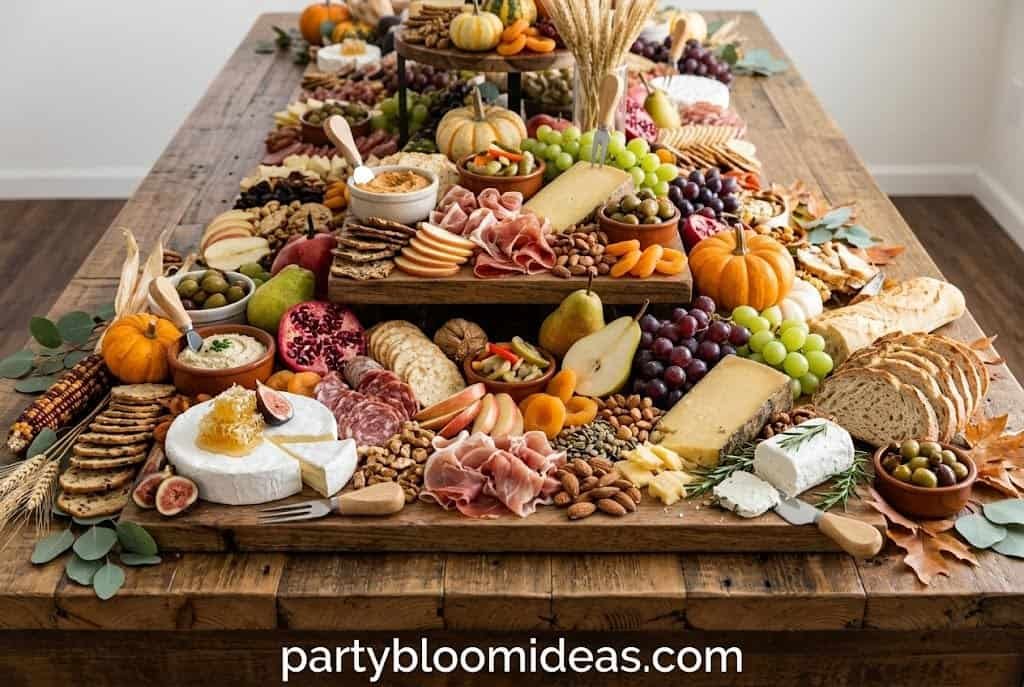Rustic harvest grazing table with cheeses, figs, pears, crackers, honeycomb, grapes, and seasonal fall decor.
