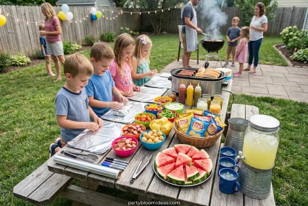 DIY camping food station with hot dogs, foil packet meals, and enamel camp cups