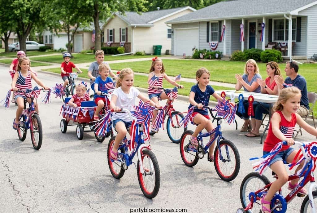 Children riding decorated bicycles with flags and streamers during a neighborhood parade