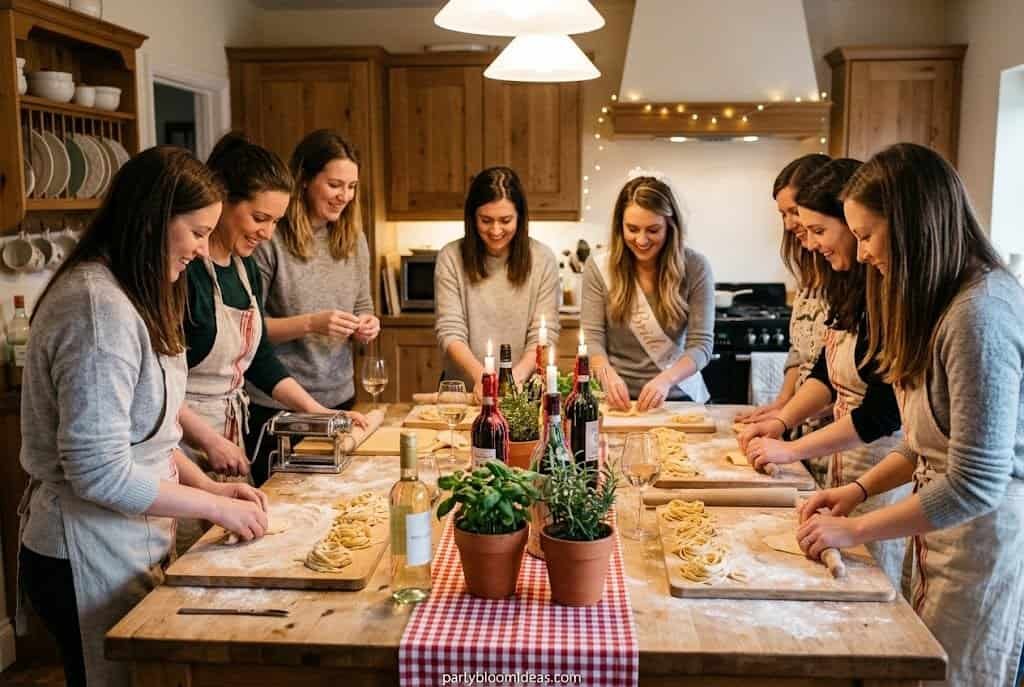 Women participating in a group pasta-making class in a cozy kitchen setting