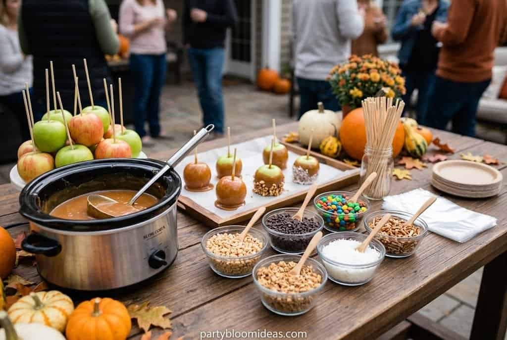 DIY caramel apple station with Granny Smith apples, colorful toppings, caramel drizzle, and rustic party setup.