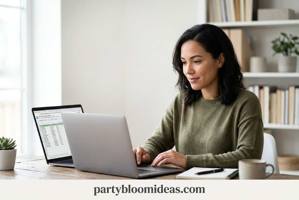 Woman planning surprise party on laptop for a secret celebration.
