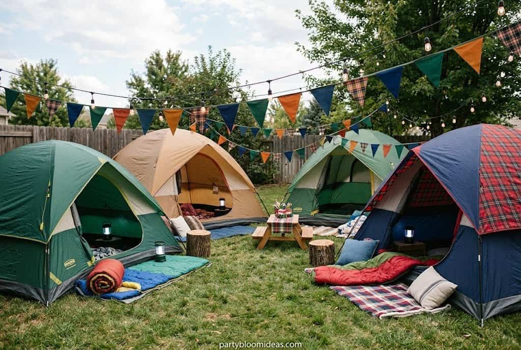 Backyard camping party with multiple tents, string lights, sleeping bags, and kids playing outside
