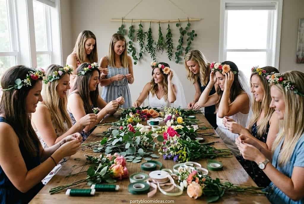 Flower crown making workshop with young women at a decorated table