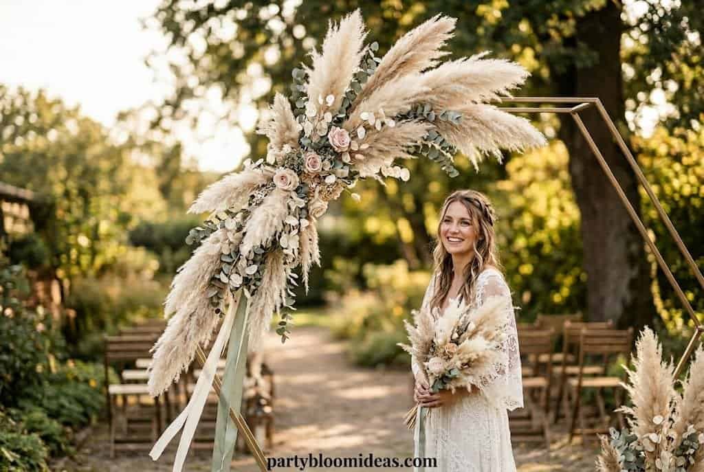 Boho wedding ceremony arch decorated with dried pampas grass, eucalyptus, flowing ivory ribbons, and golden sunset outdoor lighting.