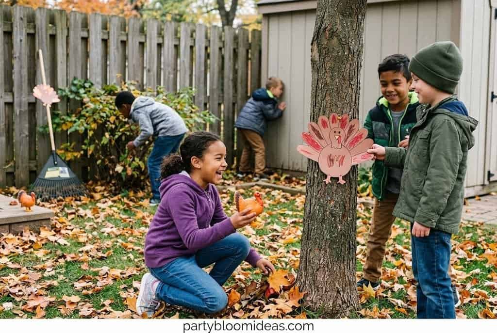 Kids searching for hidden paper turkeys around a decorated Thanksgiving house