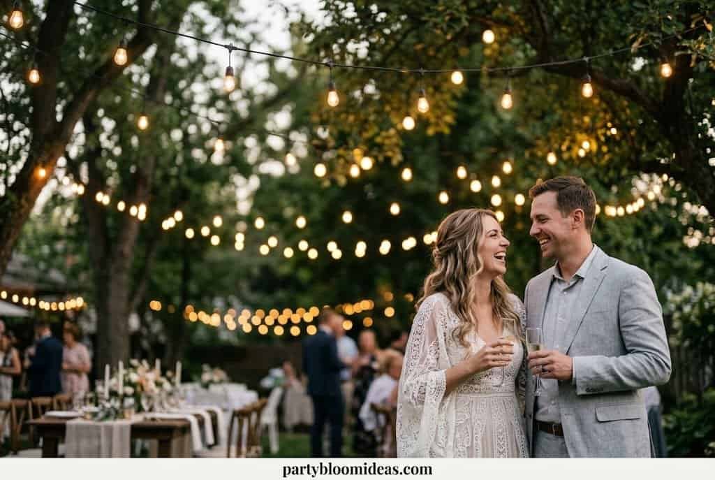 Outdoor wedding reception illuminated with warm Edison café string lights creating a magical romantic evening atmosphere.