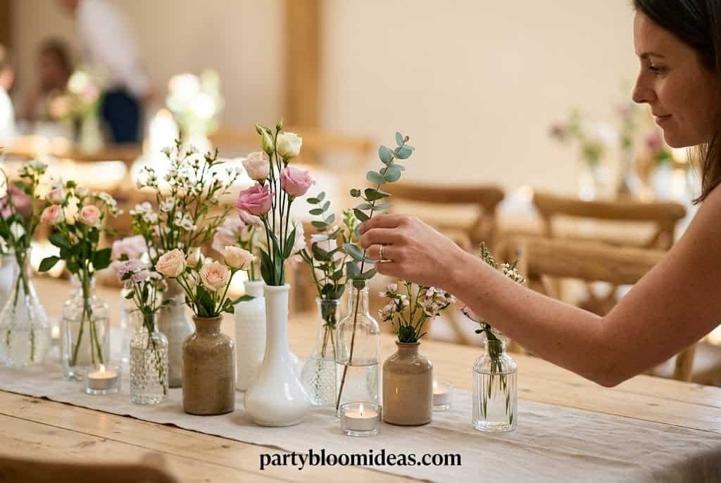Affordable wedding centerpiece ideas using thrifted bud vases, candles, eucalyptus greenery, and wooden slice table decor.