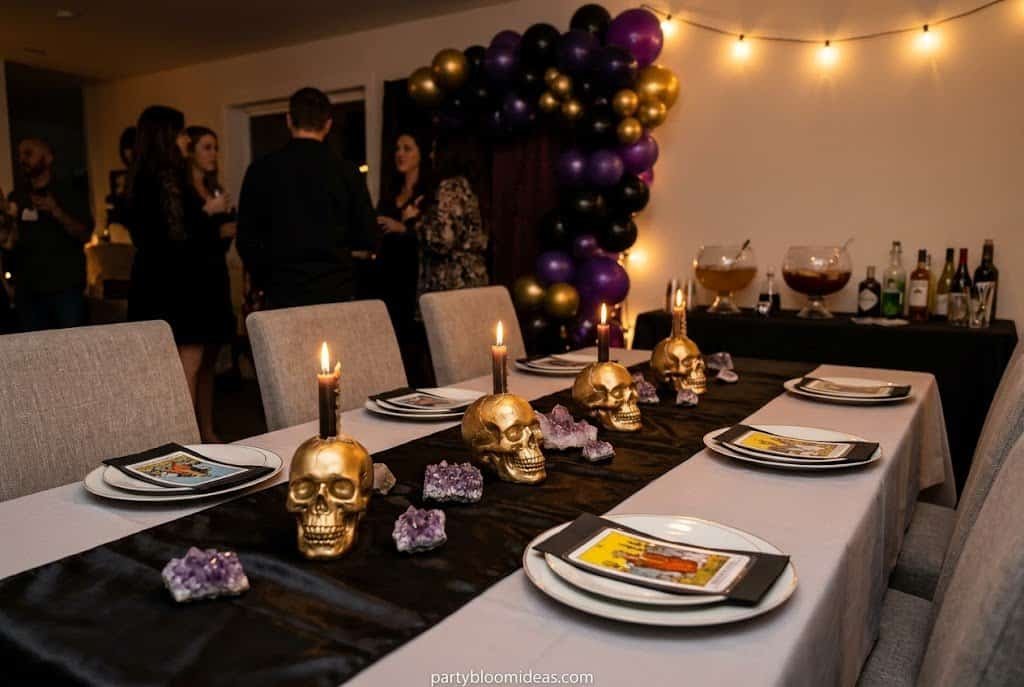 Witchy fall birthday party with black and gold decor, candles, and tarot-inspired styling