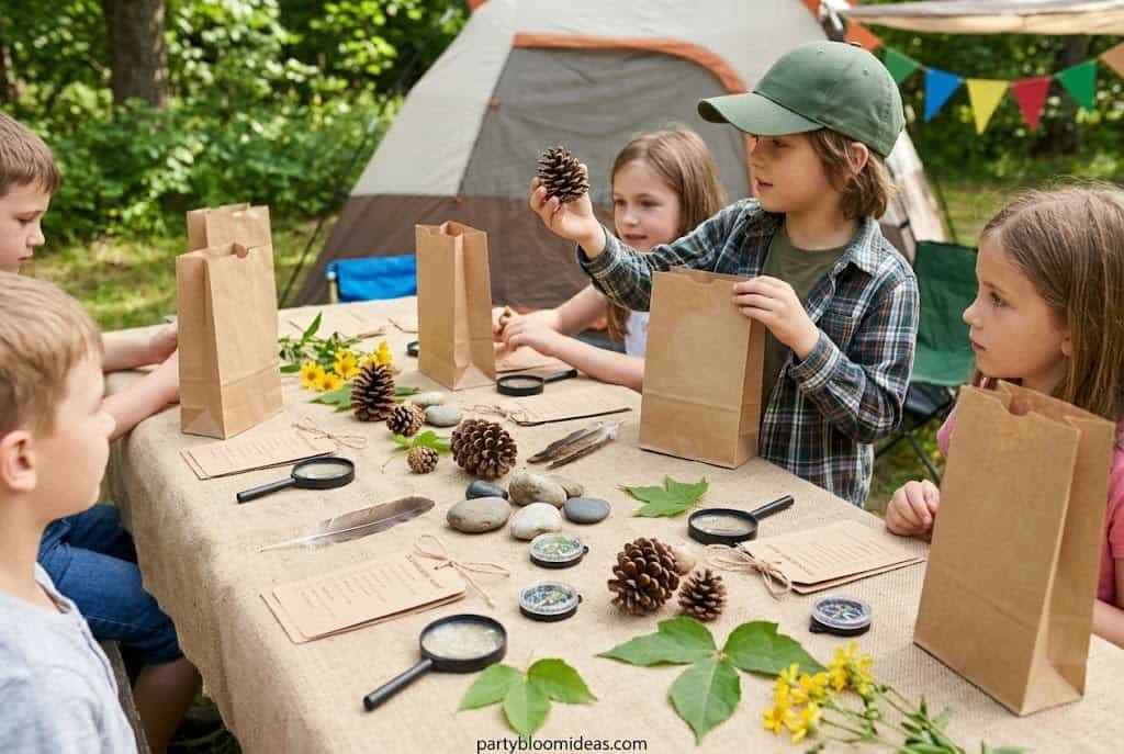 Kids on a camping scavenger hunt collecting pinecones, leaves, and nature items in paper bags