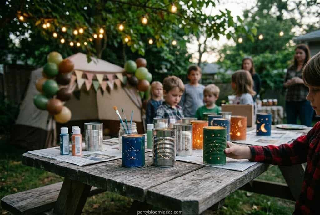 DIY painted tin can lanterns glowing with LED tea lights at a camping party