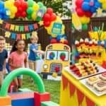 Vibrant children's birthday celebration featuring a balloon arch, outdoor games, and a decorated sna.
