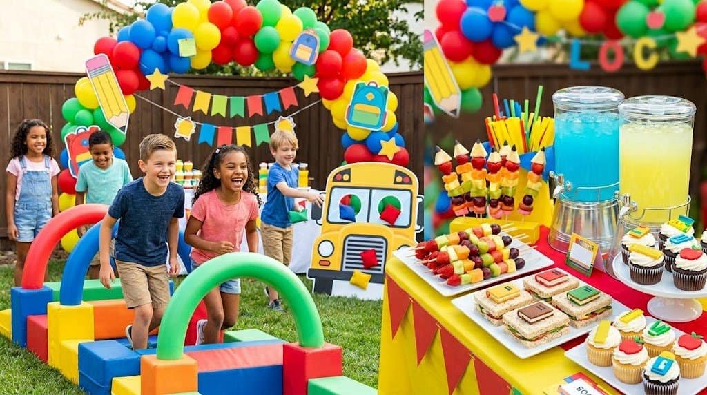 Vibrant children's birthday celebration featuring a balloon arch, outdoor games, and a decorated sna.