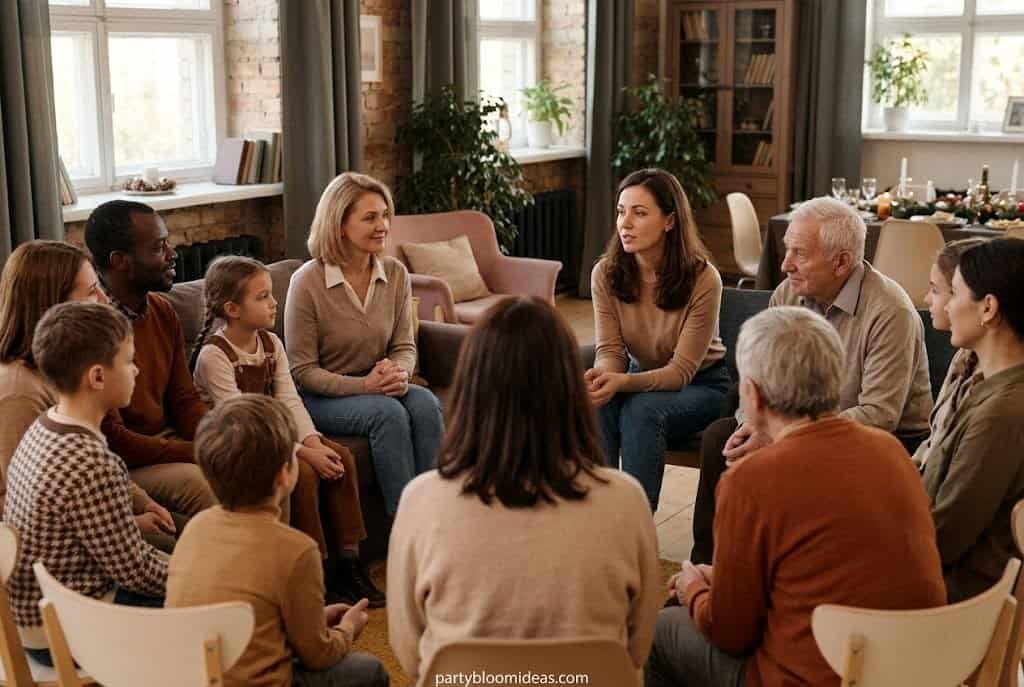 Family sitting in a circle sharing grateful words during a Thanksgiving activity