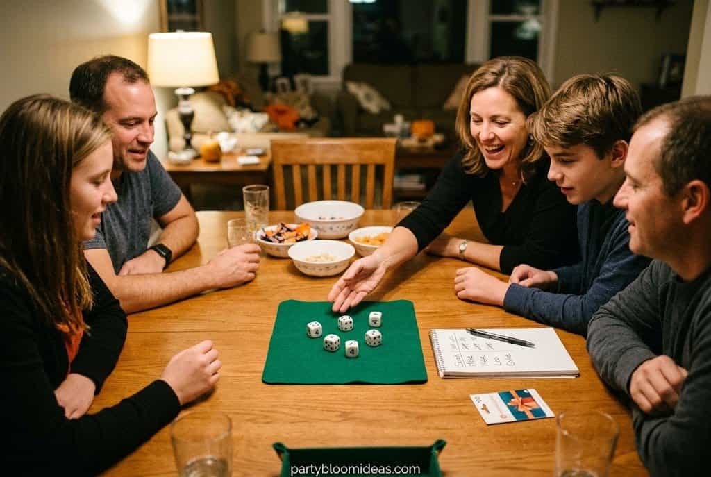 Thanksgiving guests rolling dice at the dinner table while laughing and competing in a casual holiday game