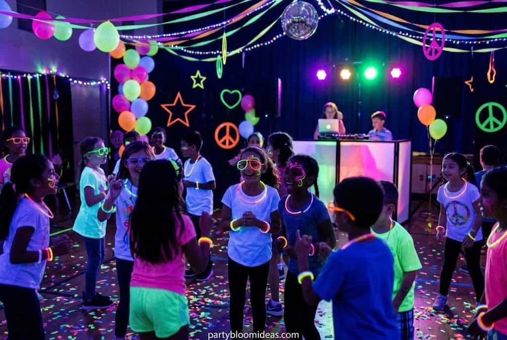 Kids dancing in a dark room under neon lights and glow sticks at a back-to-school glow party.