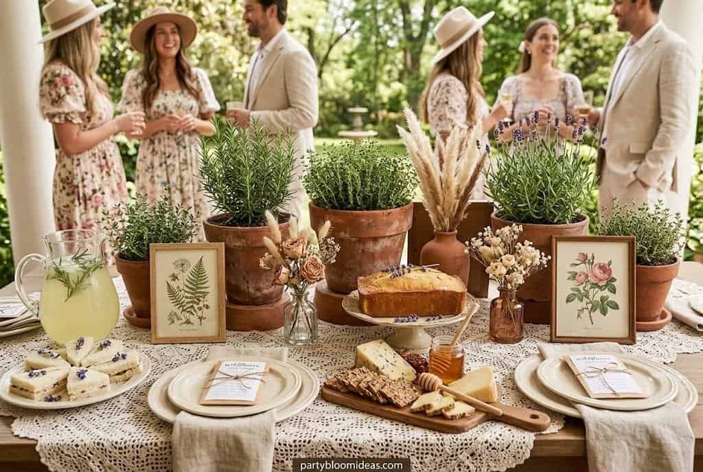 Vintage botanical party with terracotta pots, dried pampas grass, lace table overlays, herbs, and soft garden-inspired decor.