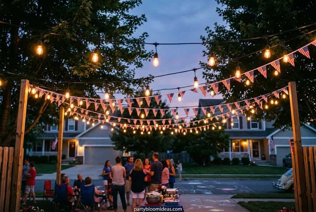 4th of July block party with glowing patriotic string lights and lawn seating in a neighborhood street