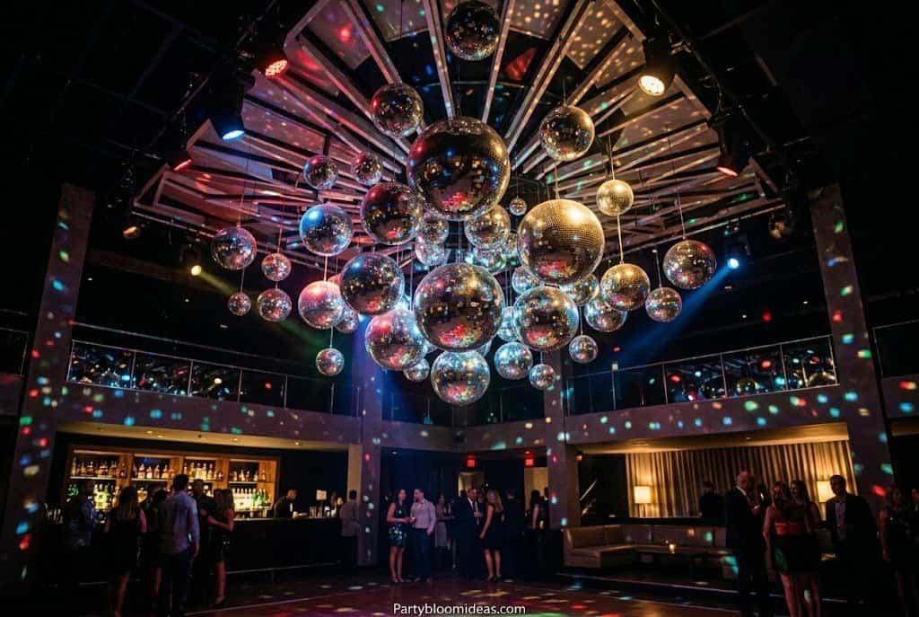 Large hanging disco ball with spotlight and silver fringe curtains for a retro disco party theme.