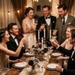 Elegant dinner party with friends celebrating with drinks and candles.