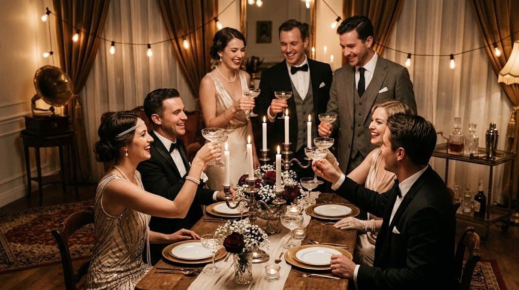 Elegant dinner party with friends celebrating with drinks and candles.