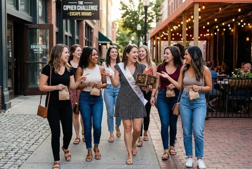 Group of women celebrating and having fun on a city street at night