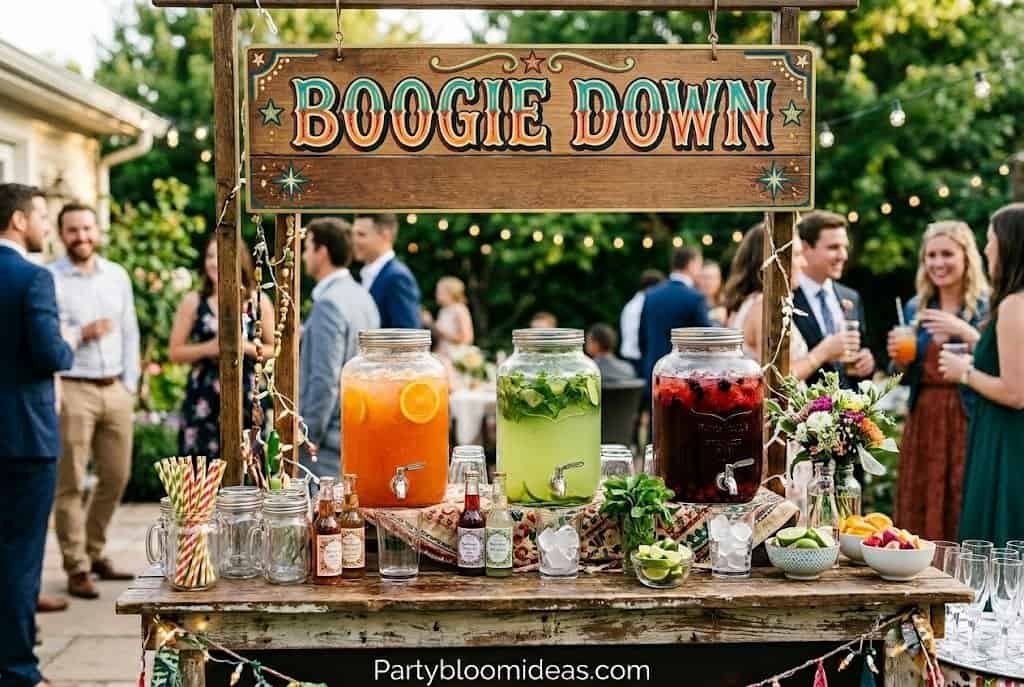 Disco-inspired cocktail station with punch bowl, retro drink labels, and gold bar cart styling.