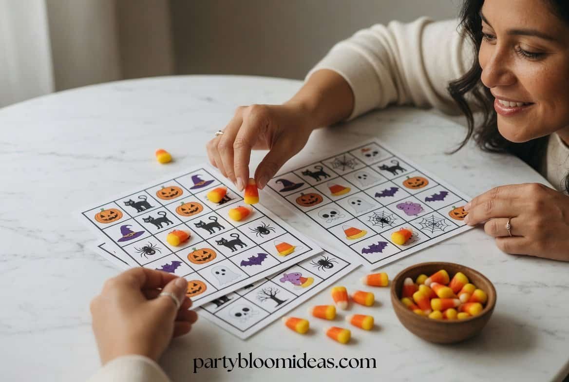 Large group playing Halloween bingo with spooky themed cards, candy corn markers, and festive party decorations.