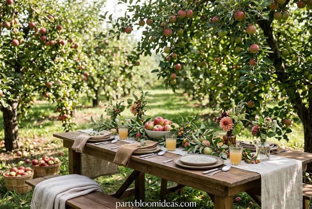 Elegant fall dinner tablescape with red apples, sunflowers, brass candlesticks, and linen table runner