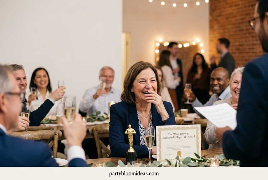Funny retirement toast event with coworkers giving speeches, holding mock awards, and laughing during a retirement celebration.