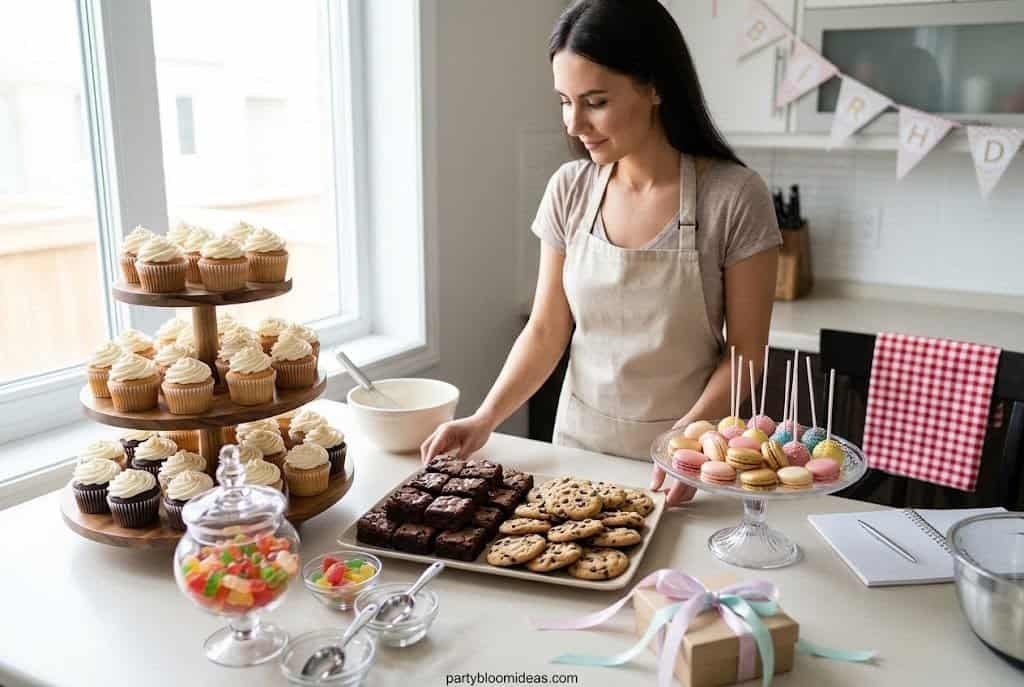 Organized dessert trays with cupcakes, cookies, brownies, and macarons on a party dessert table