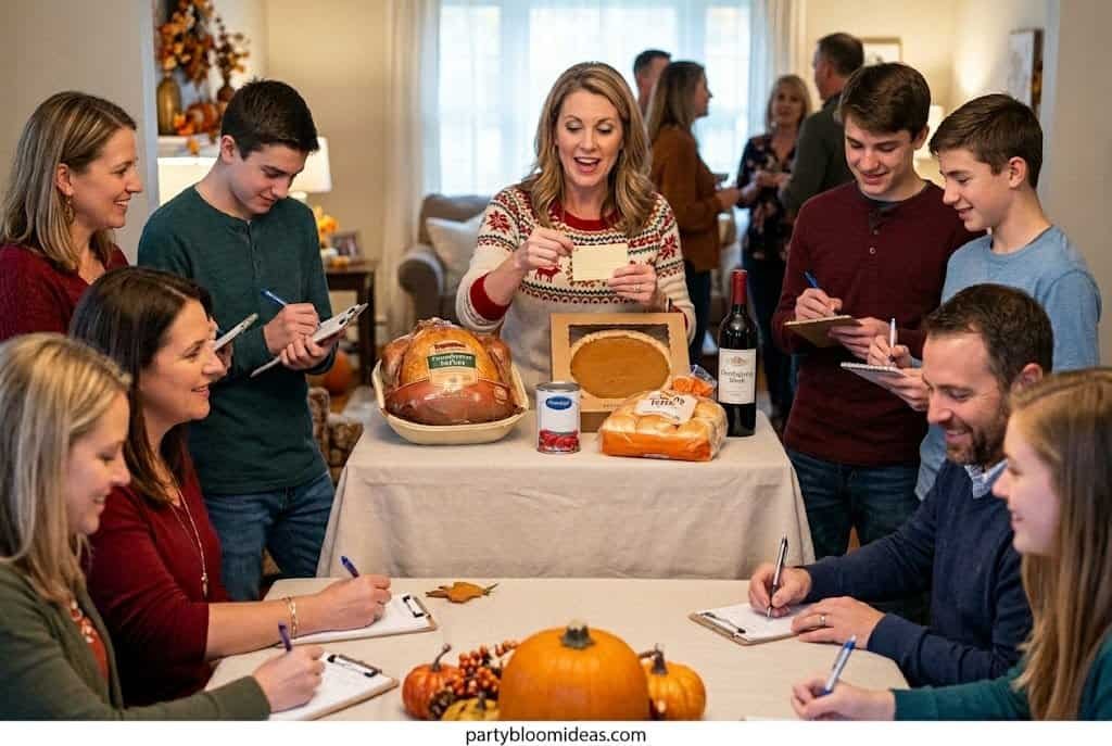 Thanksgiving grocery guessing game with food items and handwritten price estimates on paper