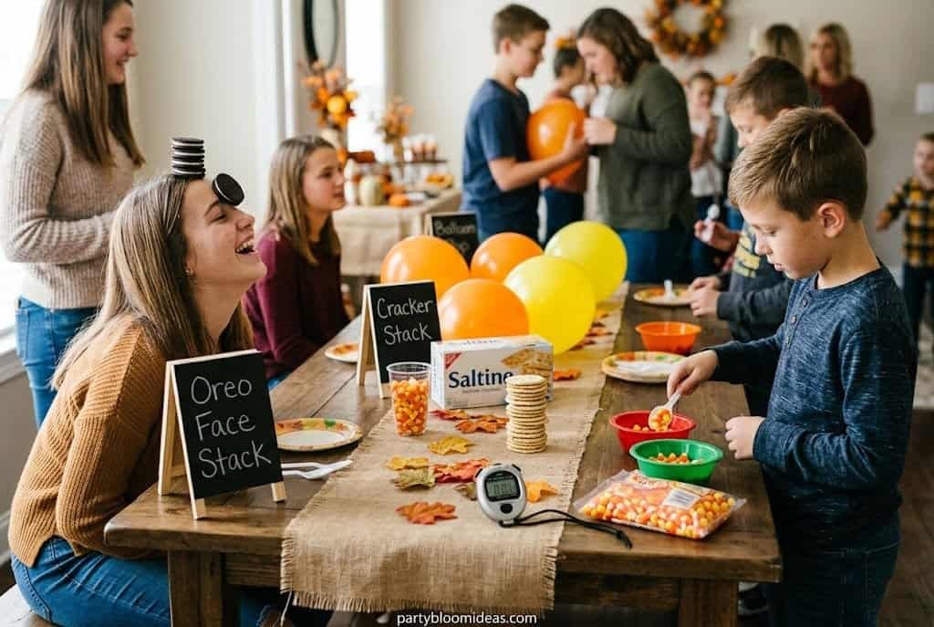 Thanksgiving Minute to Win It challenge table with Oreos, candy corn, balloons, and stacking games