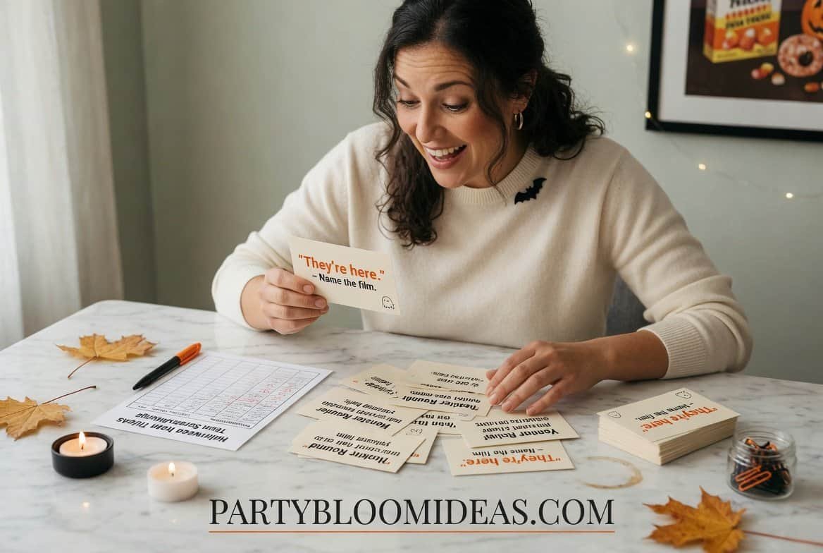 Adults in Halloween costumes playing spooky trivia game together at a decorated party table with candles and snacks.