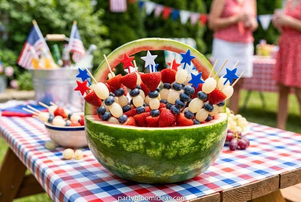 Watermelon bowl filled with strawberries, blueberries, and white fruit for a patriotic spread